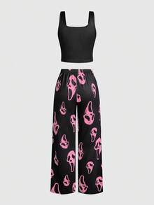 ROMWE Women Gothic Skull Print Camisole And Pants Pajama Set - Pink - View 2