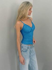 Sydney Algeri Top De Camisola Ajustado Con Drapeado Y Detalles De Encaje De Color Sólido - Azul - Ver 6