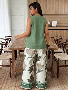 Weeklong Conjunto informal de 2 piezas con estampado floral y decoración de botones para mujer talla, primavera/verano - Albaricoque - Ver 7