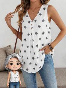 EMERY ROSE 女士V领印花褶皱休闲百搭通勤无袖衬衫 - 白色 - 查看 1