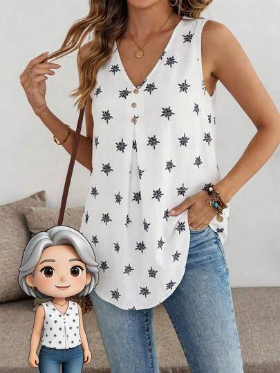 EMERY ROSE Women's V-Neck Floral Print Pleated Casual Versatile Commuting Sleeveless Blouse