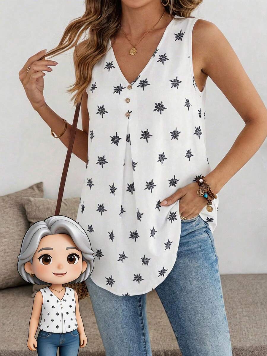 EMERY ROSE 女士V领印花褶皱休闲百搭通勤无袖衬衫 - 白色 - 查看 1