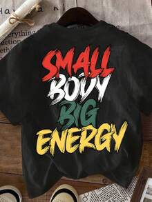 SHEIN Small Body Big Energy, Young Boys Casual Simple Round Neck T-Shirt, Suitable For Summer - Black - View 4