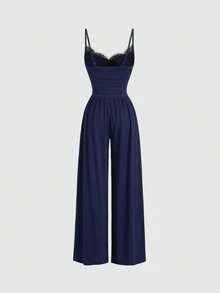 Sweetra Y2K Sexy Lace Patchwork Spaghetti Strap Wide Leg Jumpsuit - Navy Blue - View 2