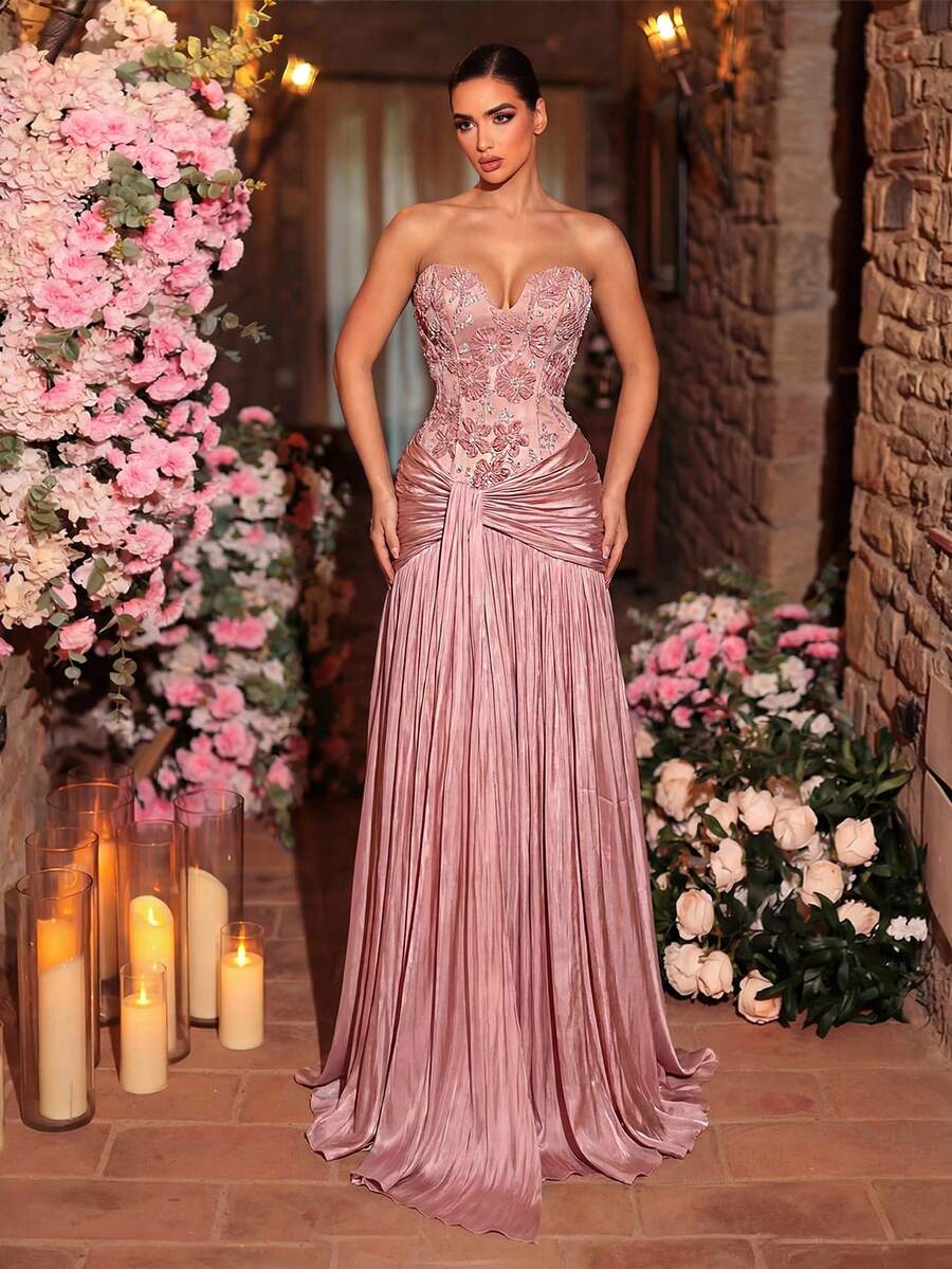 Glamrae Đầm dạ hội dáng chữ A, thanh lịch, lãng mạn, đính cườm, thêu họa tiết satin, phối nhiều lớp, xếp nếp, có gọng nâng ngực, chất liệu satin. Thích hợp cho dự tiệc trang trọng hoặc dự đám cưới.