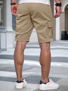 Manfinity Homme Men's Solid Color Elastic Waist Drawstring Pocket Cargo Shorts - Khaki - View 2