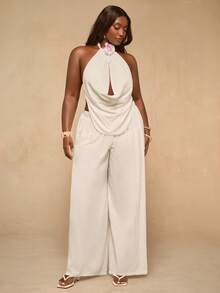 SHEIN BAE Plus Size Women's White Summer Tropical Beach Holiday Set,Solid Chiffon Halter Neck Top And Wide-Leg Pants 2 Pieces Set,Elegant Floral 3D Decor Suit - White - View 6