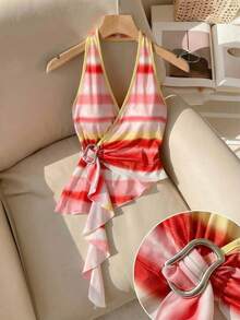 SHEIN LUNE Women Striped Tie Dye Halter Top, Boho Summer Vacation Beach, Metal Buckle Asymmetric Hem Top - Multicolor - View 4