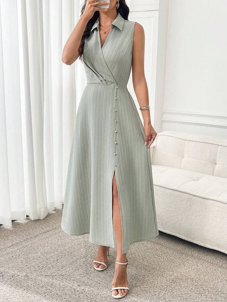 Women's Elegant Commuter Solid Color Sleeveless Split Dress, Summer Women Clothing Dress Women's Summer Dresses One Piece Dress Summer Long Women Elegant Outfits Women's Dress Formal Wear,Summer Outfit For Women, Vacation Dresses,Work Outfits For Women,Summer Dresses For Women