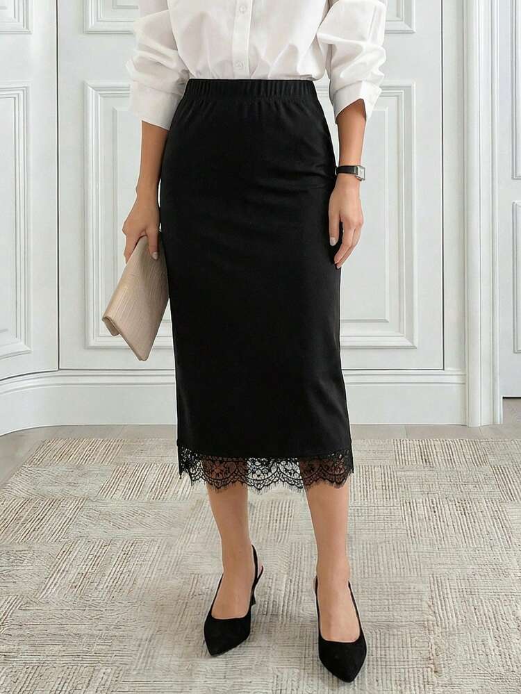 Women's Elegant Solid Color Lace Trim Pencil Skirt, Suitable For Commuting