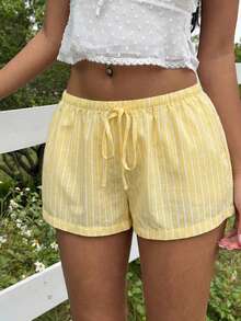 CovetEZ 女士休闲撞色条纹短裤，夏季 - 黃色 - 查看 4