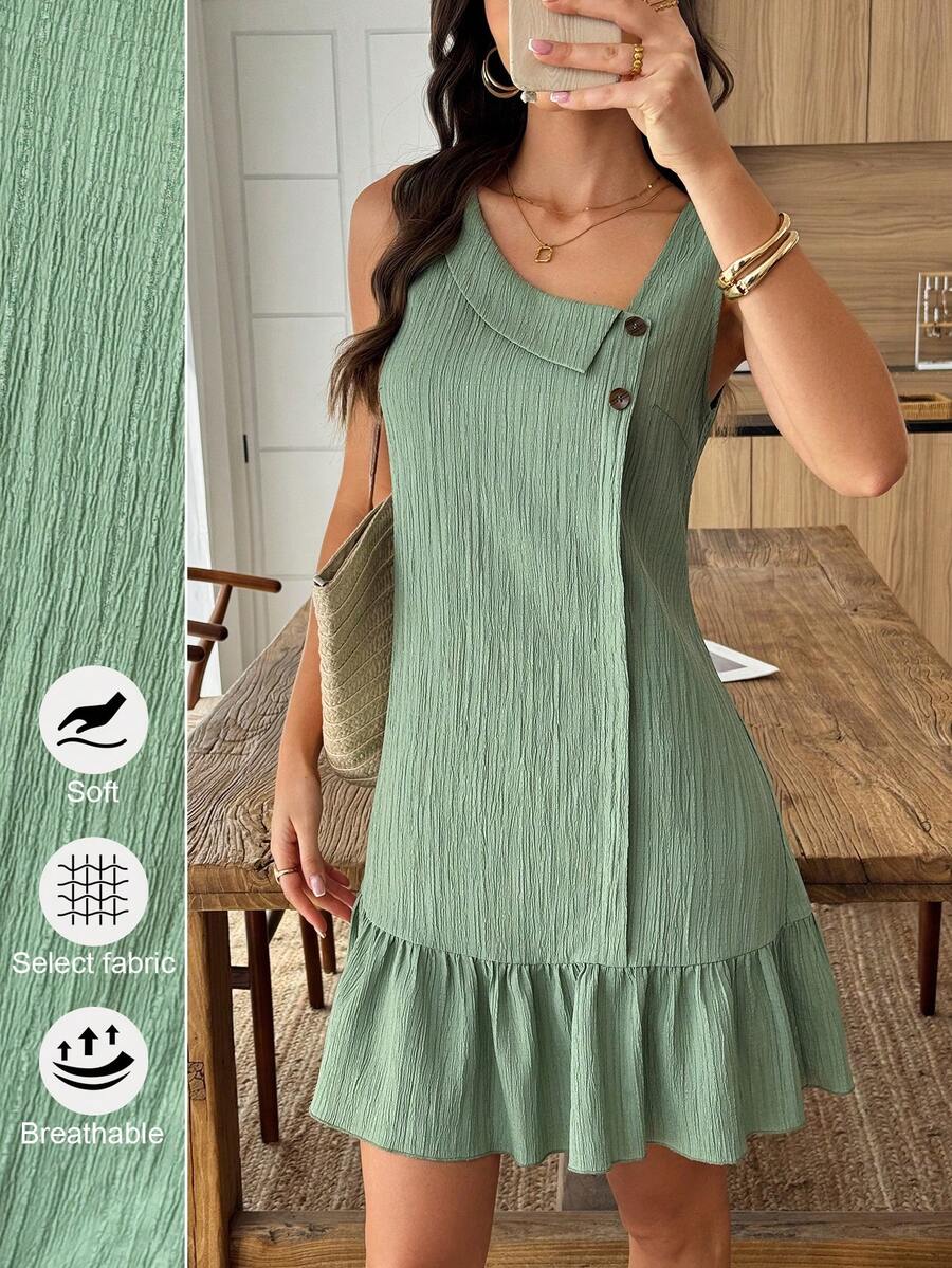 Louniche Women's Asymmetric Collar Button Textured Fabric Ruffle Hem A-Line Mini Dress, Casual Summer Holiday - Green - View 1