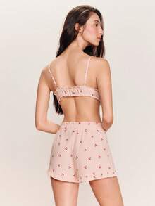 lacRébo Pink Check Cherry Print Bra And Shorts Sleepwear Set 2 Pieces Homewear Set Cute Pink Pyjamas Spring Summer French Style Parisian Style - Baby Pink - View 2