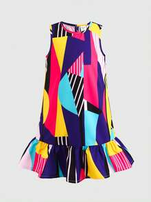 SHEIN Vestido suelto y cómodo de cuello redondo sin mangas con volantes en el bajo, versátil y minimalista para uso diario de niñas - Multicolor - Ver 5