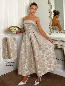 Glamine Charm Đầm midi xòe eo cao màu hồng dành cho nữ, chất liệu vải dệt hoa jacquard họa tiết hoa, đầm dài thanh lịch màu hồng kiểu công chúa, thích hợp dự tiệc, lễ tình nhân, đầm màu hồng dành cho nữ. - Hồng - Xem 2