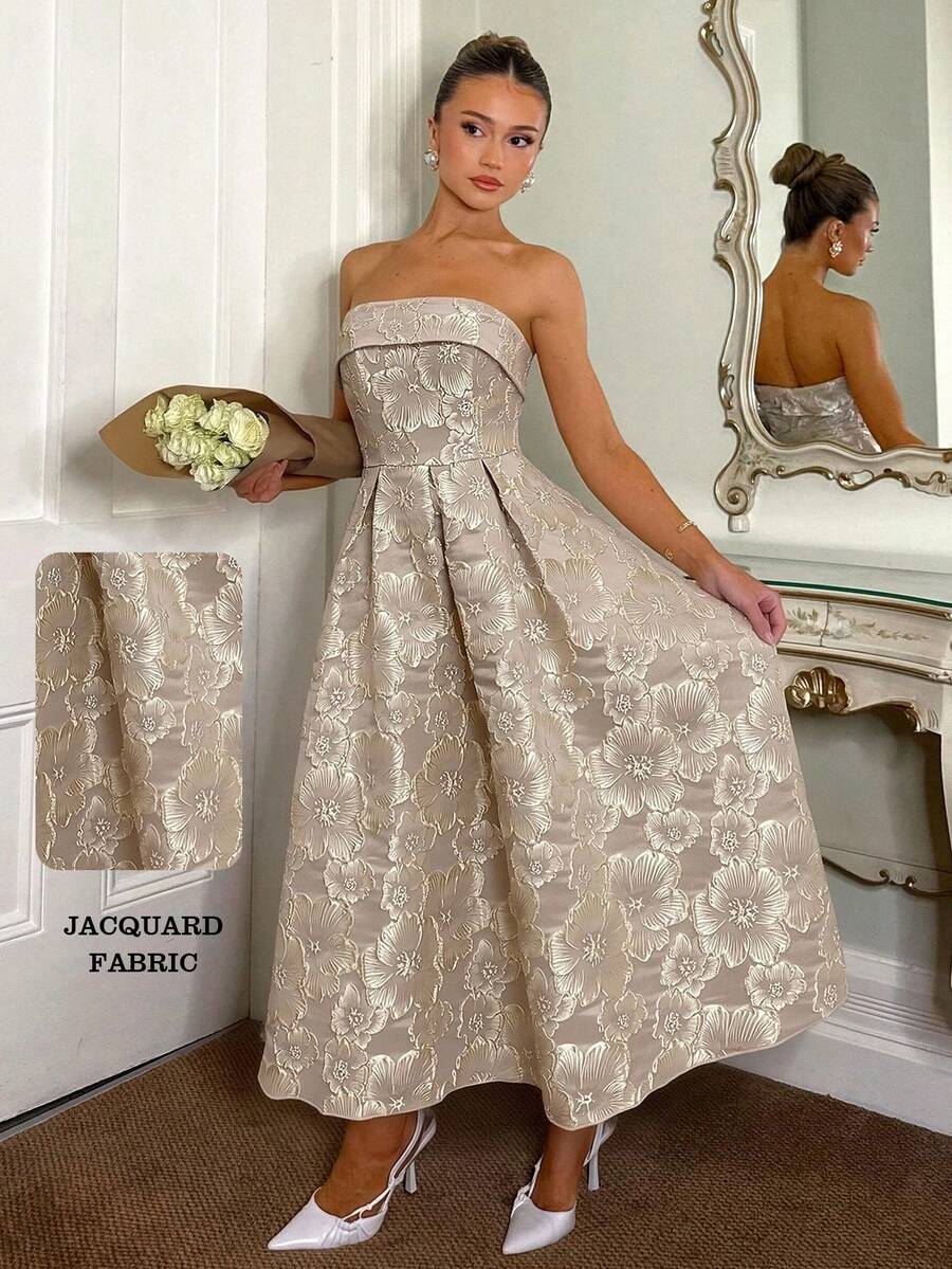 Glamine Charm Đầm midi xòe eo cao màu hồng dành cho nữ, chất liệu vải dệt hoa jacquard họa tiết hoa, đầm dài thanh lịch màu hồng kiểu công chúa, thích hợp dự tiệc, lễ tình nhân, đầm màu hồng dành cho nữ.