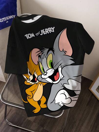 TOM & JERRY X SHEIN Áo thun ngắn tay nữ cổ tròn in chữ hoạt hình, kiểu dáng thường ngày, đa năng.