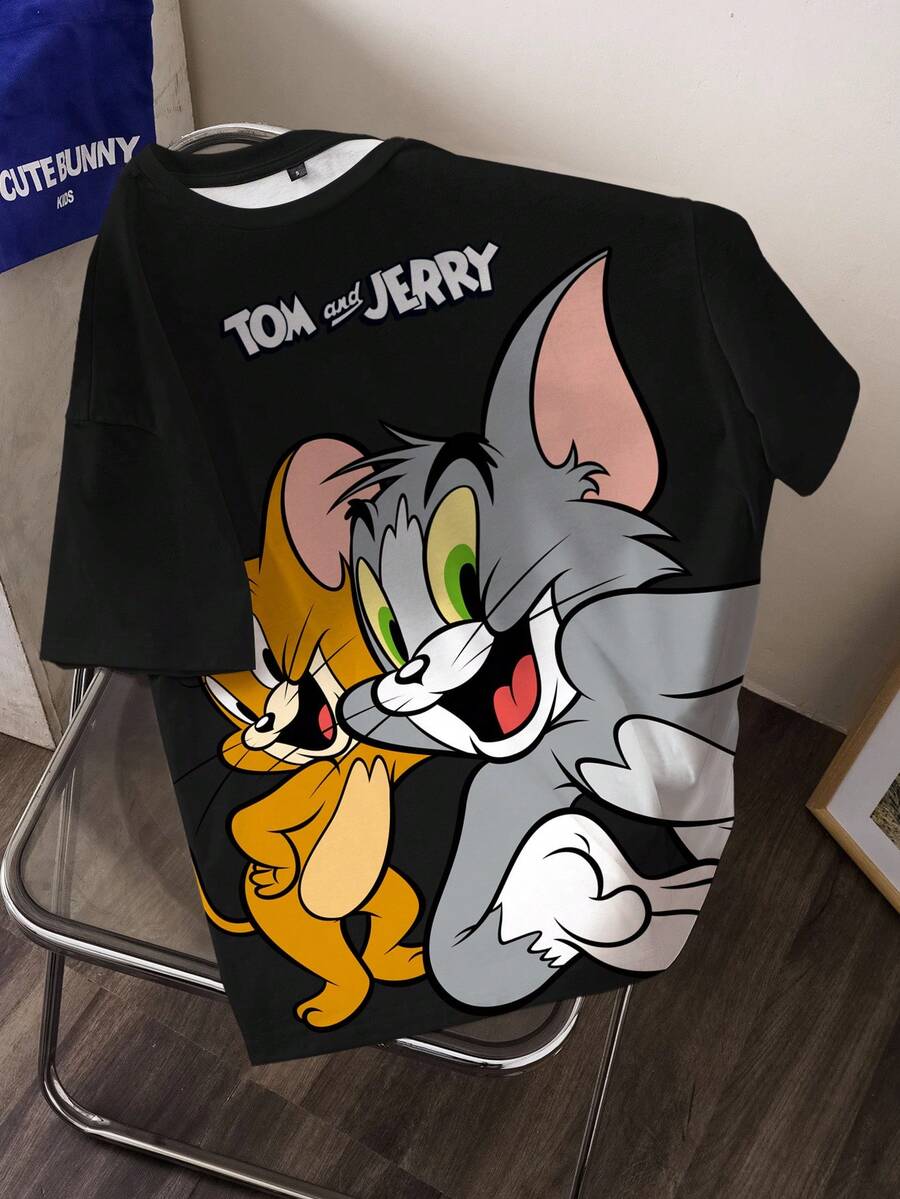 TOM & JERRY X SHEIN 女士圆领卡通字母印花休闲百搭日常短袖T恤 - 白色 - 查看 1