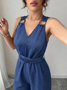 Elenzga 女士优雅蓝色V领无袖连体裤，饰有圆形纽扣和蝴蝶结，修身剪裁，适合春夏穿着 - 藍色 - 查看 4
