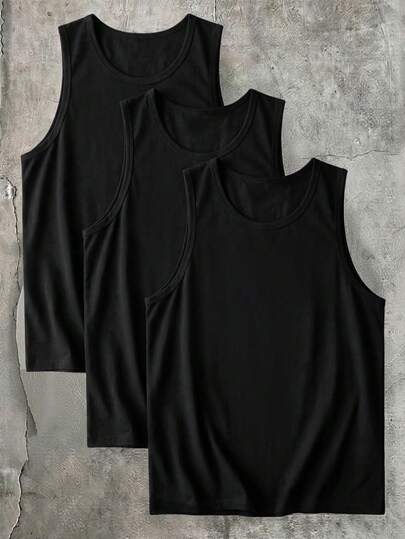 HIMLAND Men's Solid Color Round Neck Casual Loose Fit Tank Top Men's 3 Pack Casual Sleeveless Shirts ,Summer Beach Holiday Tank Top For Men ,Vertical Stripe Color Block Tank Top ,Basic Black And White Undershirt Pack ,Comfortable Gym Muscle Tee ,Daily Wear Scoop Neck Tank Tops ,Men's Fashion Graphic Tank Top Set , 3 Pack Men's Tank Tops - Casual Color Block Stripe & Solid Black White Sleeveless Shirts - Summer Beach Gym Workout Undershirt Set ,Stylish Vertical Stripe & Solid Soft Tanks For Beach & Daily Wear For Husband Boyfriend Gift Simple Fashion Commuting