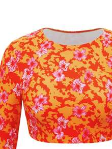 Swim SPRTY Bộ đồ lướt sóng 2 mảnh in họa tiết cam đỏ mới dành cho nữ, áo dài tay cổ tròn hở lưng phối quần short, bộ đồ lướt sóng thời trang thường ngày cho kỳ nghỉ hè. - trái cam - Xem 8