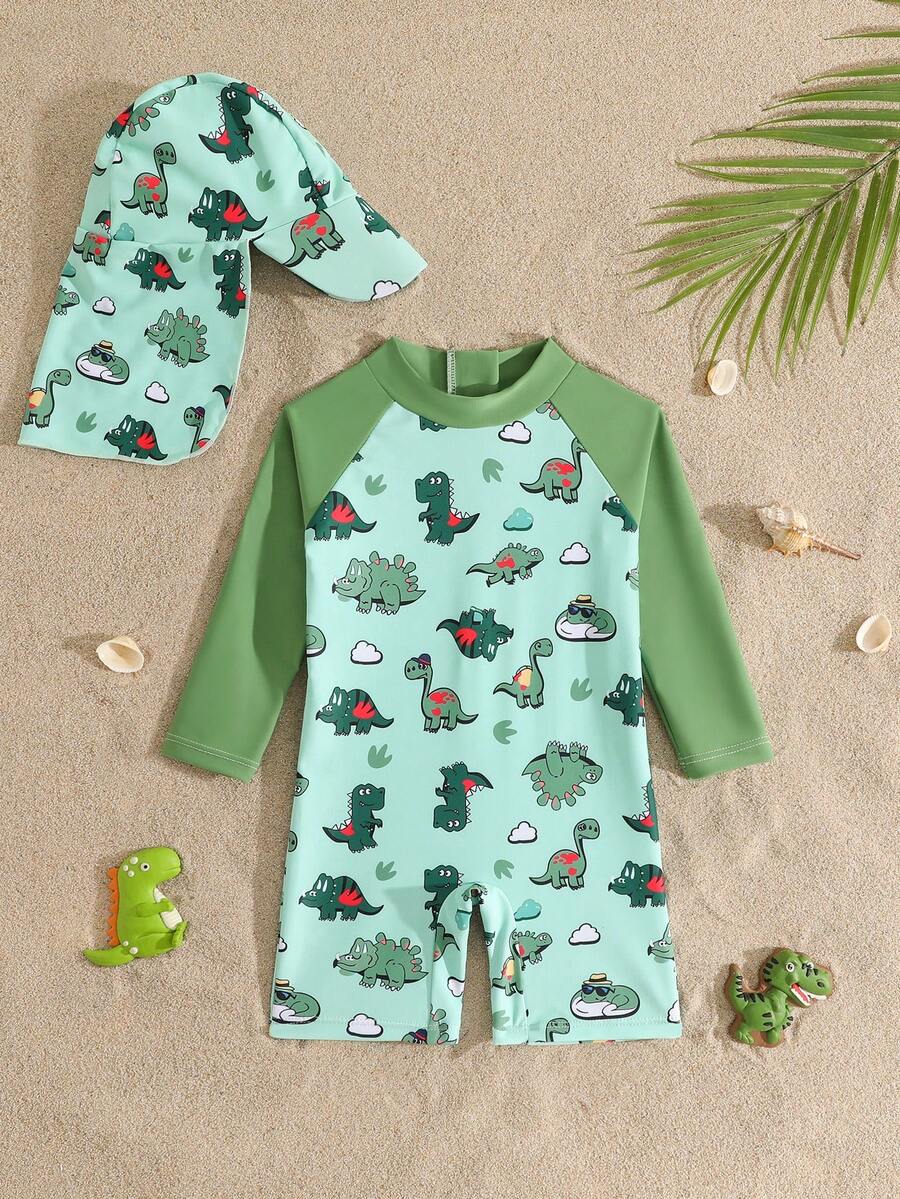 幼儿男童卡通恐龙印花长袖连体泳衣，带帽子，适合海滩、度假、游泳 - 彩色 - 查看 1