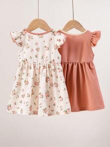 SHEIN Playful Pals 2件組女嬰可愛白色與粉色夏季家庭款復古植物花卉印花蝴蝶結前襟荷葉袖A字版型飄逸柔軟洋裝 - 彩色 - 查看 2