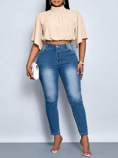 SOLERSUN Women's Plus Size Spring And Summer Solid Color Fashion Casual Elegant Daily Simple Ruched Mock Neck Ruffle Sleeve Shirt Casual Daily Wear