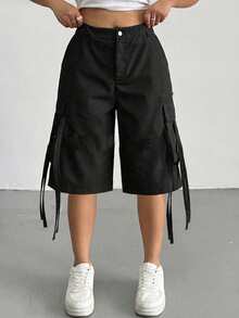 POPSWAY Plus Size Fashionable Casual Sweet Cargo Pants, Mid-Length Shorts, Suitable For Outings, Daily Wear, Back To School In Summer - Black - View 1