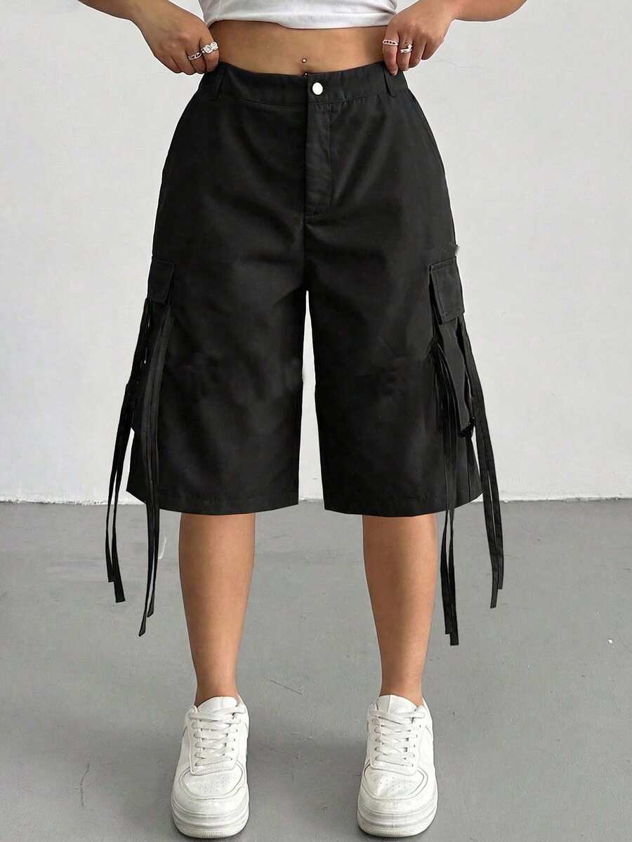 POPSWAY Plus Size Fashionable Casual Sweet Cargo Pants, Mid-Length Shorts, Suitable For Outings, Daily Wear, Back To School In Summer - Black - View 1