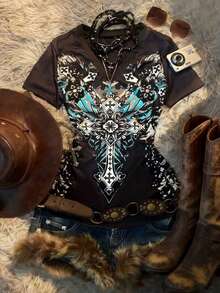 Glimmora 女士休闲十字印花T恤，夏季 - 彩色 - 查看 1