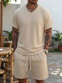 VENTUSAIL Bộ áo thun nam cổ chữ V tay ngắn màu trơn, thoáng khí, thích hợp mặc mùa hè. - Màu be - Xem 8