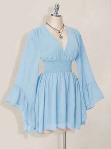 SHEIN ICON Women's Solid Color Shirred Shirred Waist Elegant Mini Dress, Suitable For Dates And Parties - Baby Blue - View 6