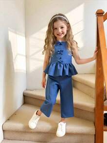 2pcs/Set Girls Toddler Summer Family Matching Outfit,Single-Breasted Bow Ruffle Hem Camisole Shirt And Pants,Minimalist Kids Linen Clothing Set - Blue - View 3