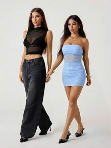 SHEIN PETITE Women's Solid Color Mesh Splicing Ruched Fitted Mini Tube Dress,Summer Dresses For Women - Baby Blue - View 7