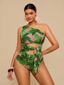 Travachic 大码热带绿色植物印花不对称露肩系带连体泳衣，度假装 - 綠色 - 查看 3