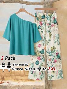 SHEIN CURVE+ Bộ đồ 2 mảnh dành cho nữ cỡ lớn, gồm quần in họa tiết ngẫu nhiên và áo kiểu lệch vai màu xanh lá cây, thích hợp cho dịp thường ngày hoặc đi nghỉ mát. - màu xanh lá - Xem 2