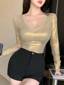 DAZY 闪亮金色V领长袖T恤，女士款，适合婚礼、派对、音乐节等场合，修身剪裁，春夏款。 - 黑色 - 查看 6