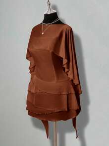 SHEIN ICON Vestido mini ajustado con volantes en el bajo y espalda descubierta con faja para mujeres - Marrón - Ver 3