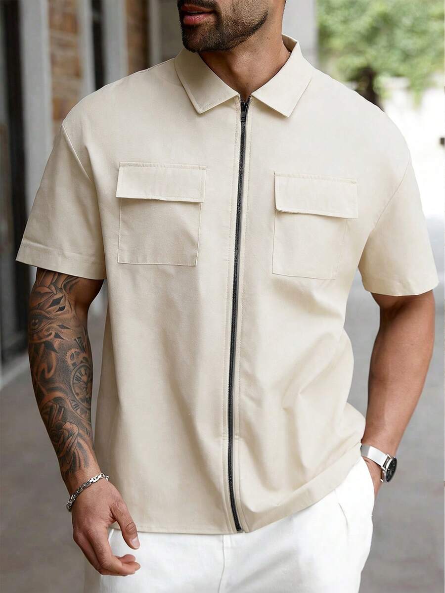 Manfinity Homme Plus Size Men's Casual Zipper Short Sleeve Shirt Jacket, Minimalist Design For Daily Wear - Apricot - View 1