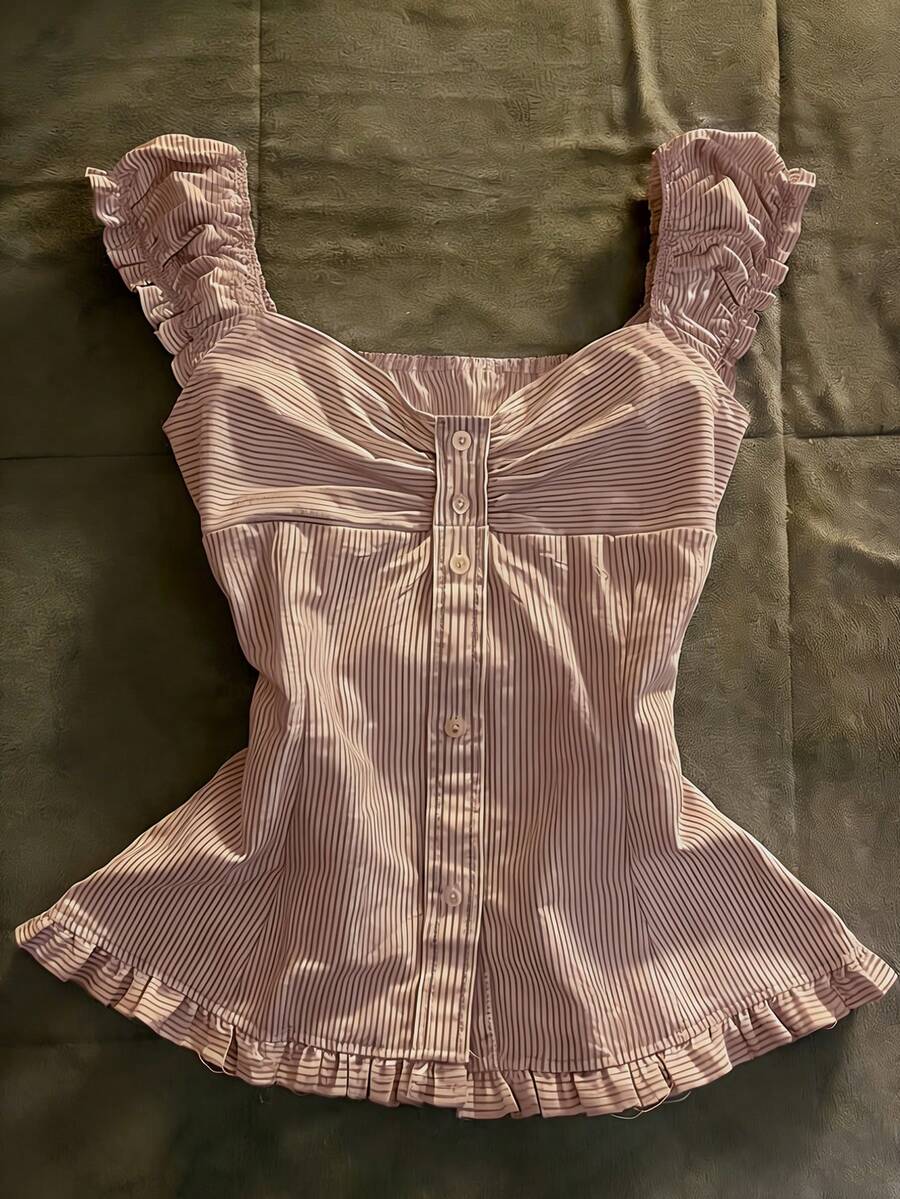 Glimmora Áo kiểu nữ ôm dáng, viền bèo nhún, kẻ sọc, cài cúc. - Đỏ và trắng - Xem 1