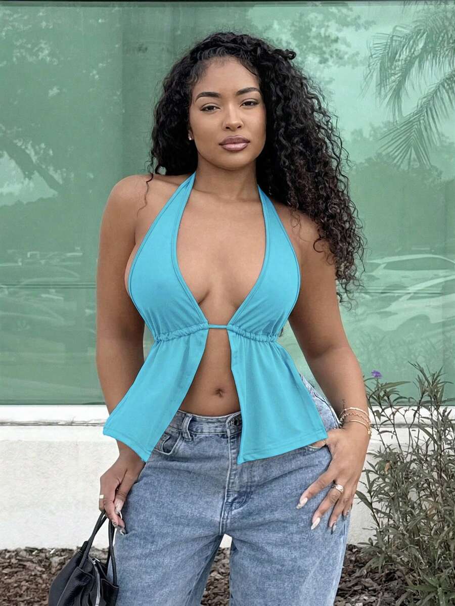 Alexandranx Summer Front Slit, Open Back, Knotted Halter Neck Black And Beach Blue Top - Blue - View 1