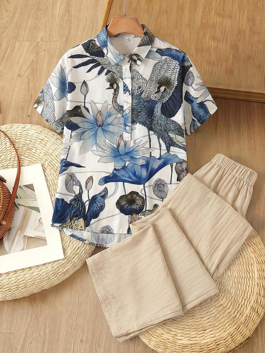 Rusticease Women's Casual Printed Shirt & Pants 2 Pieces Set Women Vacation Outfit Sets Womens Summer Outfits Shirt And Pants Set Shirt Sets For Women Women Clothes Sets - Multicolor - View 1