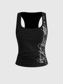 ROMWE Grunge Punk 朋克风交叉标语露脐上衣和超低腰迷你短裤两件套，音乐节穿搭 - 黑色 - 查看 5