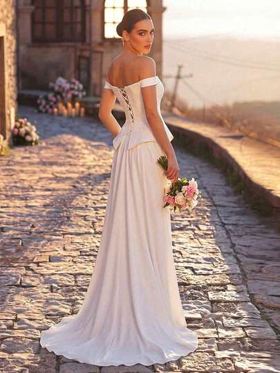 Glamrae Elegant Luxury Glamorous Off-Shoulder Beaded Handmade Applique Palace Style Mermaid Tail Train Dress, Suitable For Dates, Weddings, Red Carpet, All Wedding Events, Women's New Year Wedding Gown