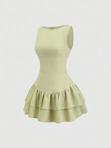 SHEIN Sweetro Đầm mini không tay dáng chữ A hai lớp xếp nếp, phong cách cổ điển lãng mạn thanh lịch, tinh nghịch dễ thương ngọt ngào kiểu Bohemian, thích hợp cho lễ hội âm nhạc, kỳ nghỉ, hẹn hò, đi làm, mùa xuân/hè/thu/đông. - màu xanh lá - Xem 3