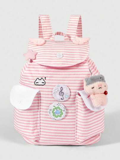 ROMWE Kawaii 1Pc Cute College Style Striped Wings, Stars, Bells, Bears, Badges, Decorative Design Pink Backpack, Fashionable And Casual Versatile Universal Large-Capacity Backpack, Suitable For Commuting And School