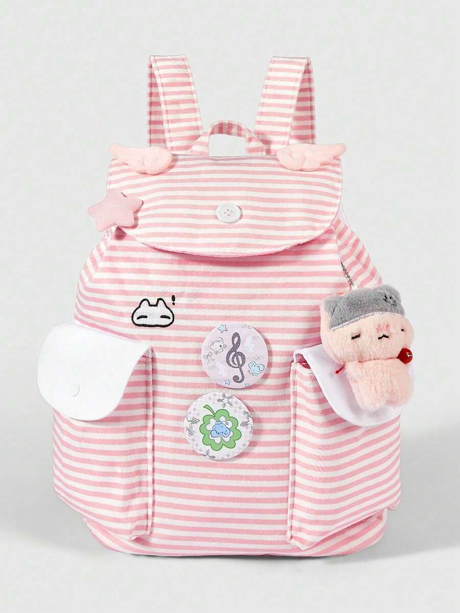 ROMWE Kawaii 1个可爱学院风条纹翅膀、星星、铃铛、小熊、徽章装饰设计粉色背包,时尚休闲百搭大容量背包,适合通勤和上学 - 粉色 - 查看 1