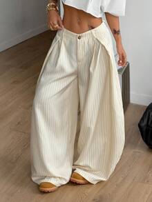 Coolane Quần dài nữ mùa hè và thu phong cách cá tính, cổ điển, thường ngày, phong cách đường phố, dáng rộng, màu nâu, ống loe, gấu quần cong, quần cargo kẻ sọc. - Màu be - Xem 5