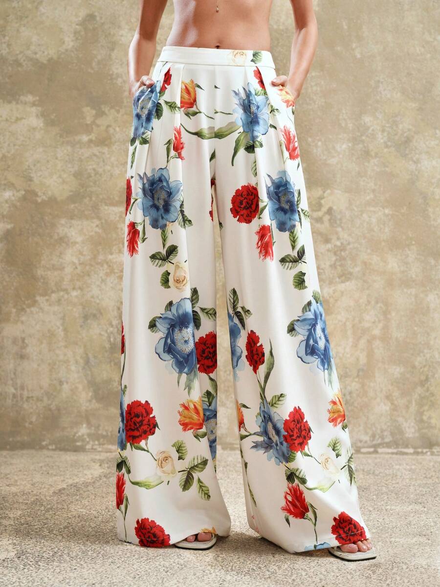 Arave Women's High Waist Wide Leg Pleated Floral Print Design Casual Commuter Pants - White - View 1